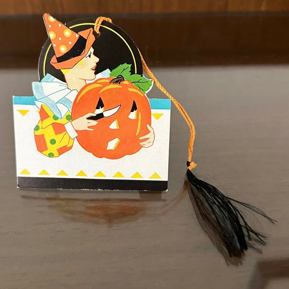 Antique Halloween Bridge Tally Card Clown‎ Carving Pumpkin Tassel Art Deco